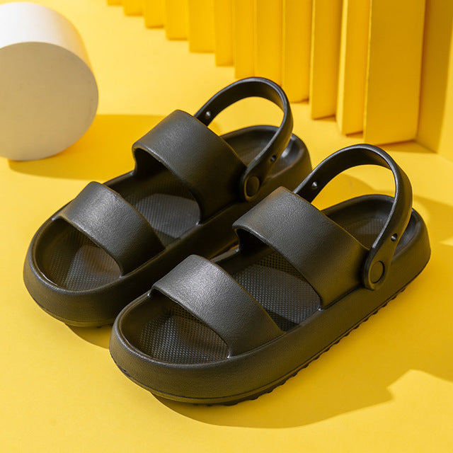 Summer Thick Platform Slippers Double Row Couple Flat Sandals Women Soft Bottom Cloud Slippers Heel Indoor Wear-resistant Shoes